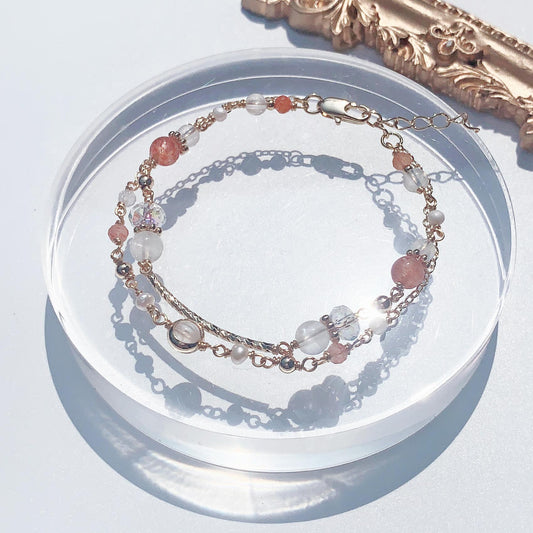 金太陽石月光石淡水珍珠14包金雙層手鍊