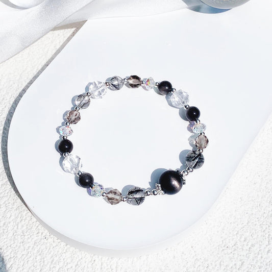 Silver Obsidian Black Hair Crystal Tea Crystal White Crystal S925 Sterling Silver Bracelet