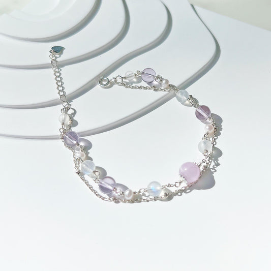 Kunzite Amethyst Moonstone Freshwater Pearl S925 Sterling Silver Double Layer Bracelet