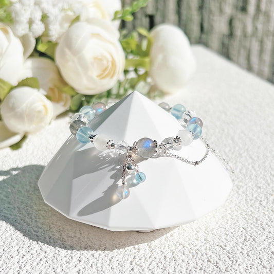 拉長石海藍寶月光石鑽切白水晶S925純銀「月下・流星」手鍊