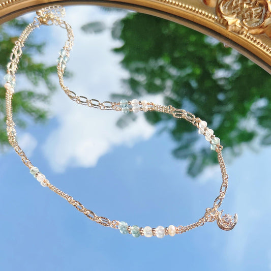 海藍寶藍磷灰托帕石月光石14K包金項鍊