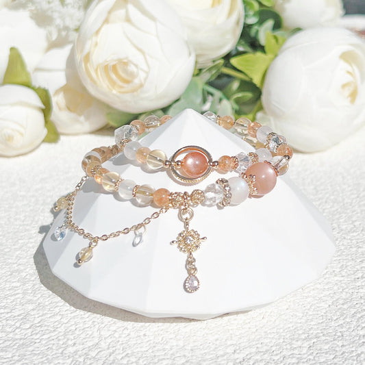 金太陽石橙月光金髮晶黃水晶鑽切白水晶月光石14K包金雙圈手鍊