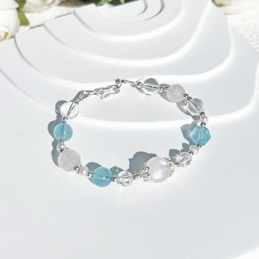 Moonstone Aquamarine White Crystal Freshwater Pearl S925 Sterling Silver Bracelet