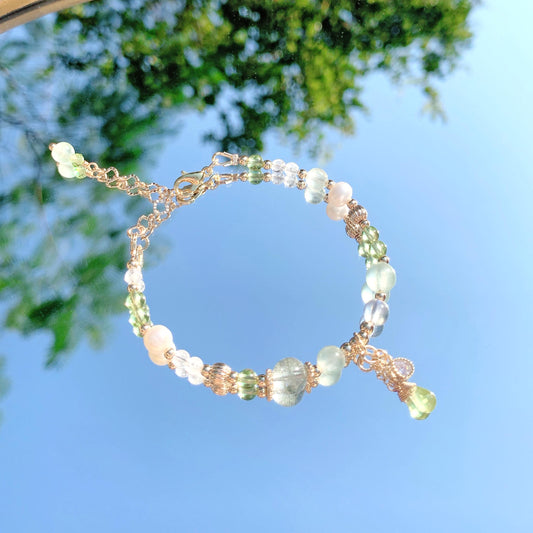 綠幽靈葡萄石橄欖石月光石淡水珍珠14K包金手鍊