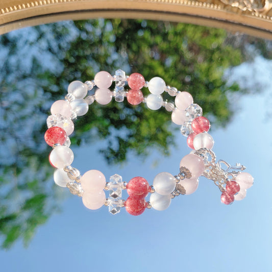 粉晶草莓晶月光石白水晶S925純銀手鍊