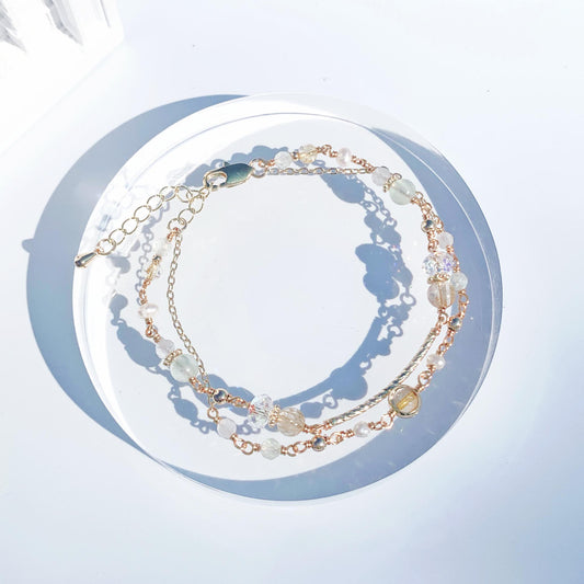 金髮晶葡萄石月光石淡水珍珠14K包金雙層手鍊