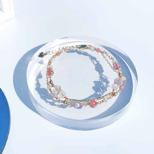 紅紋石草莓晶月光石淡水珍珠14K包金雙層手鍊