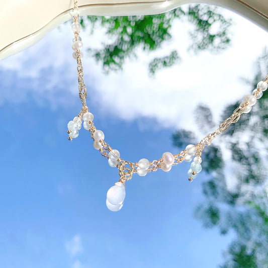 Blue Chalcedony Moonstone Aquamarine Freshwater Pearl 14K Gold Filled Necklace