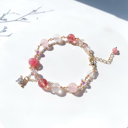 Rhodochrosite rose quartz strawberry crystal moonstone 14K gold-filled bracelet