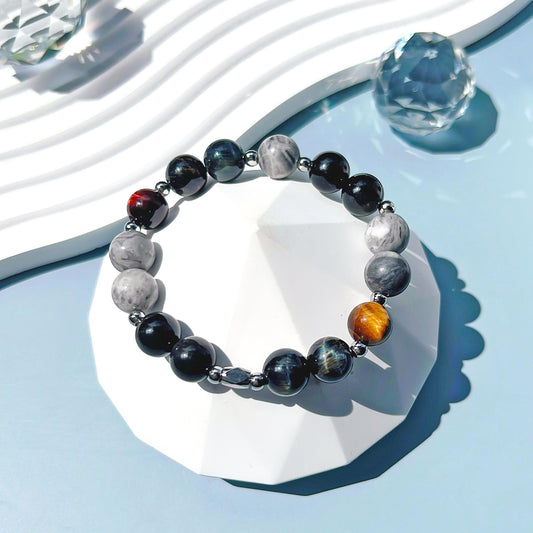 Red, yellow and blue tiger eye stone map stone silver obsidian titanium steel bracelet