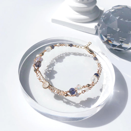 堇青石月光石淡水珍珠 14K包金雙層手鍊