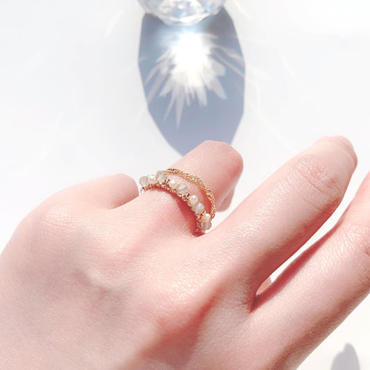 拉長石淡水珍珠14K包金繞線雙層鏈戒指