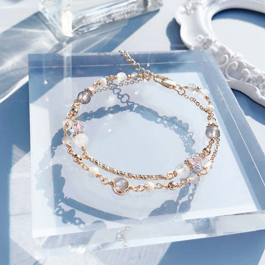 月光石拉長石淡水珍珠14K包金雙層手鍊