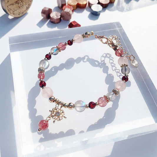 Red garnet rose quartz strawberry crystal labradorite 14K gold-filled bracelet