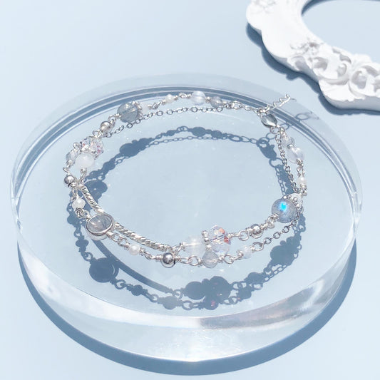 月光石拉長石淡水珍珠925純銀雙層手鍊