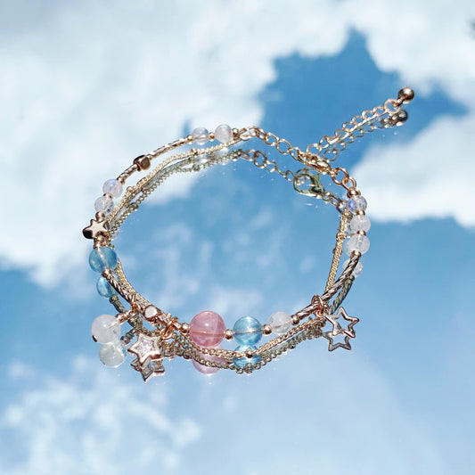 粉晶海藍寶月光石14k包金手環