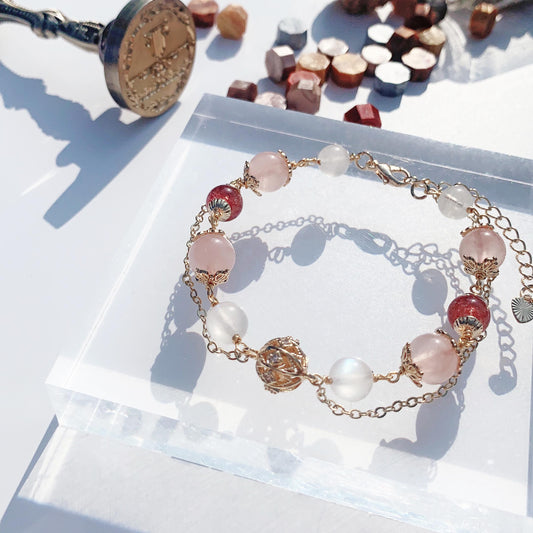 Strawberry Quartz Rose Quartz Moonstone 14k Gold Filled Bracelet
