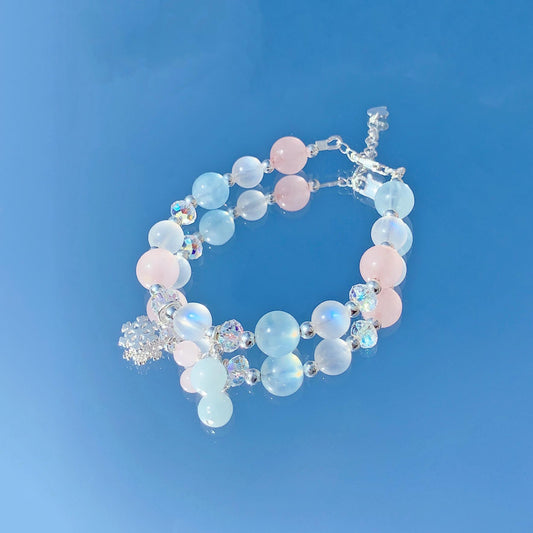 月光石海藍寶粉水晶925純銀手鍊