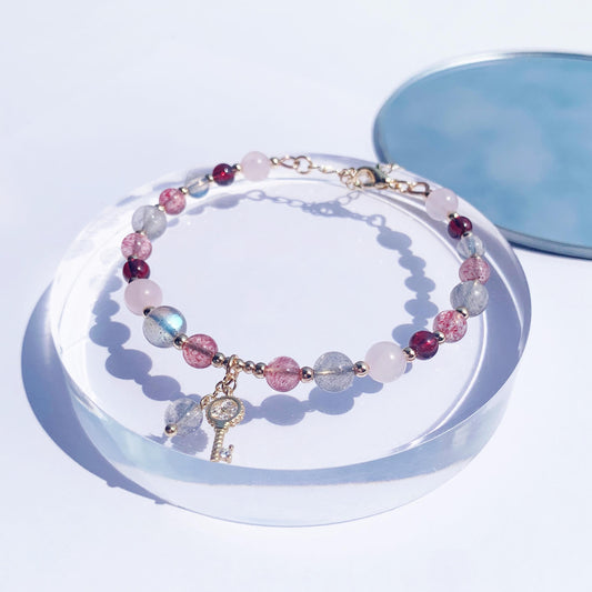 紅石榴石粉晶草莓晶拉長石14k包金手環