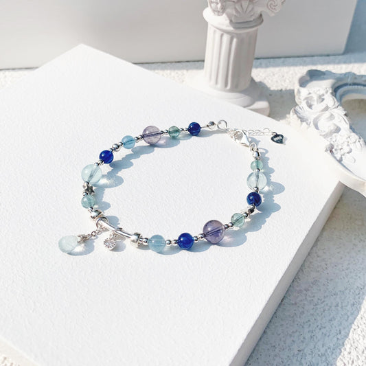 海藍寶藍磷灰藍晶石堇青石S925純銀手鍊