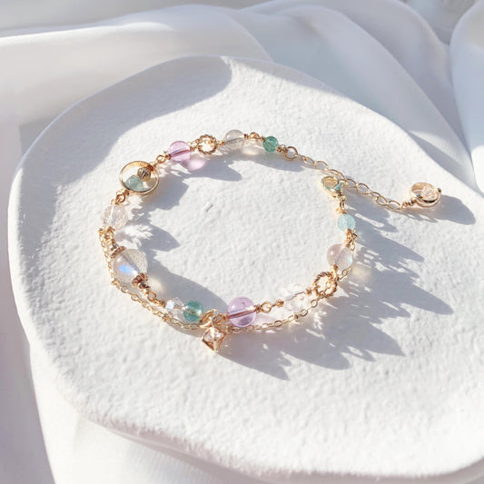 拉長石紫水晶藍磷灰海藍寶鑽切白水晶14k包金手鍊