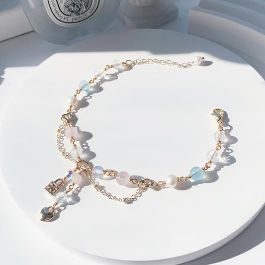 Moonstone pink crystal aquamarine diamond cut white crystal freshwater pearl 14k gold filled bracelet