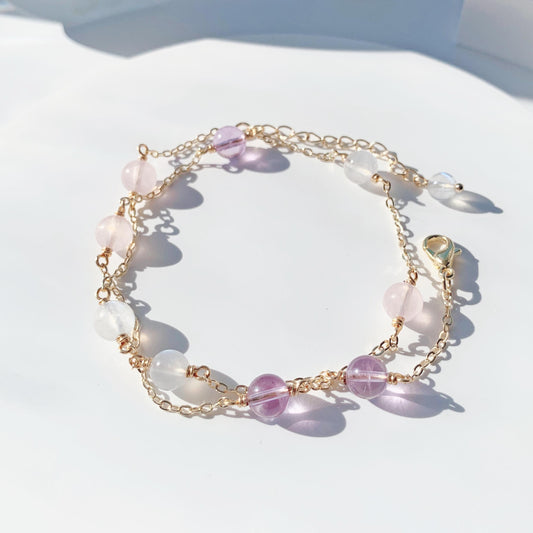 紫水晶粉晶月光石14k包金項鍊&手鍊兩用鍊