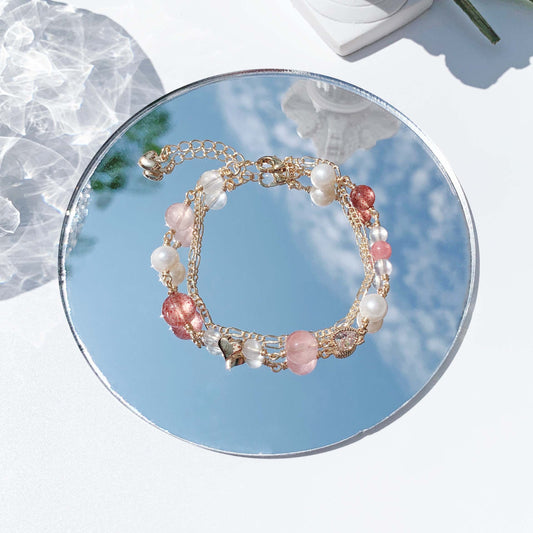 Rose Quartz Strawberry Quartz Rhododendron Moonstone Freshwater Pearl 14k Gold Filled Double Layer Bracelet