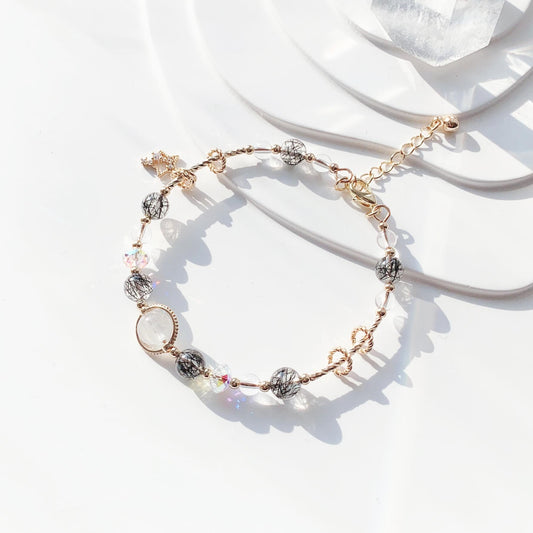 黑髮晶月光石白水晶14k包金手環