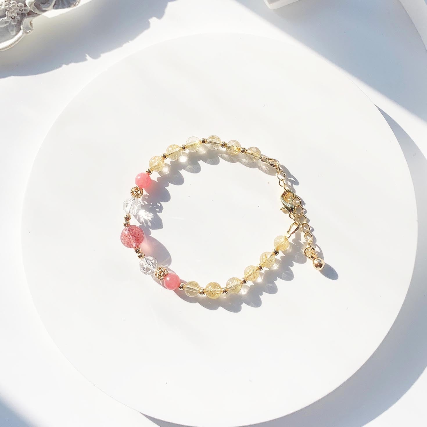 Strawberry Quartz Blonde Crystal Diamond Cut White Crystal 14k Gold Filled Bracelet