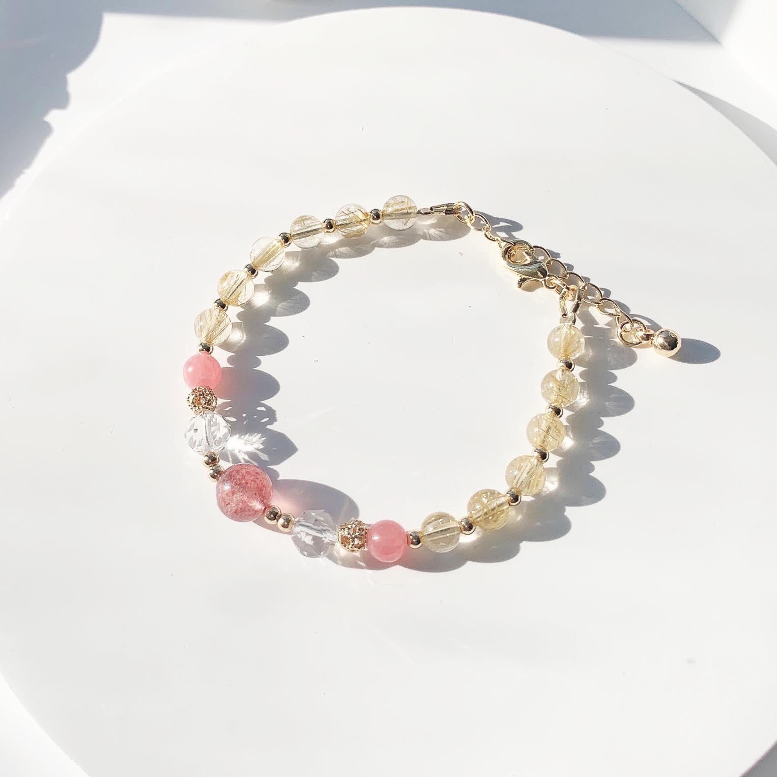 Strawberry Quartz Blonde Crystal Diamond Cut White Crystal 14k Gold Filled Bracelet