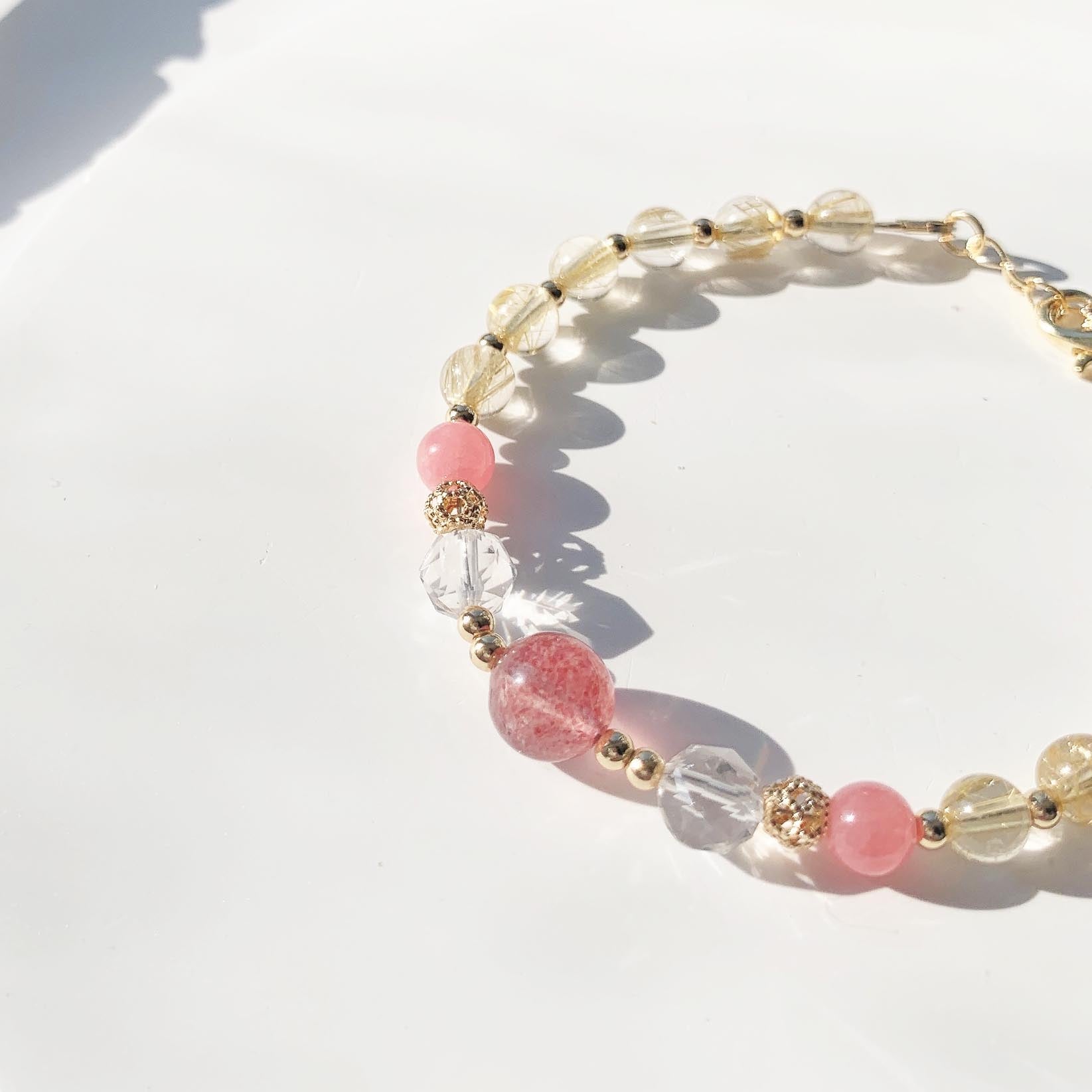 Strawberry Quartz Blonde Crystal Diamond Cut White Crystal 14k Gold Filled Bracelet