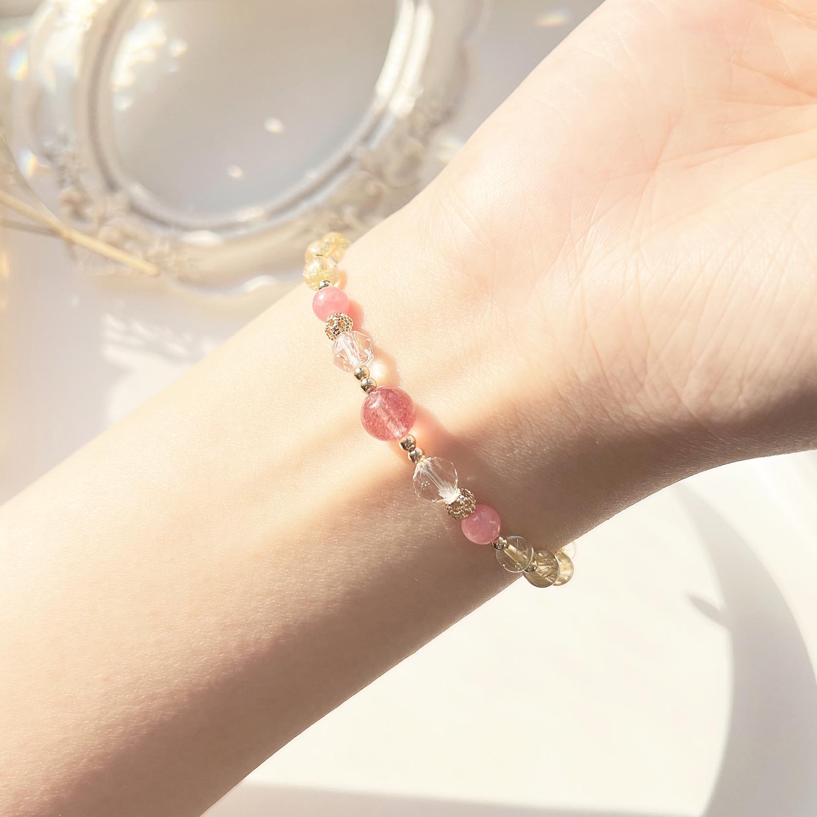 Strawberry Quartz Blonde Crystal Diamond Cut White Crystal 14k Gold Filled Bracelet