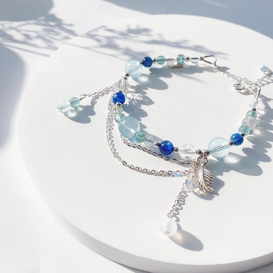 Aquamarine Sapphire Blue Phosphorus Moonstone Diamond Cut White Crystal S925 Sterling Silver Bracelet