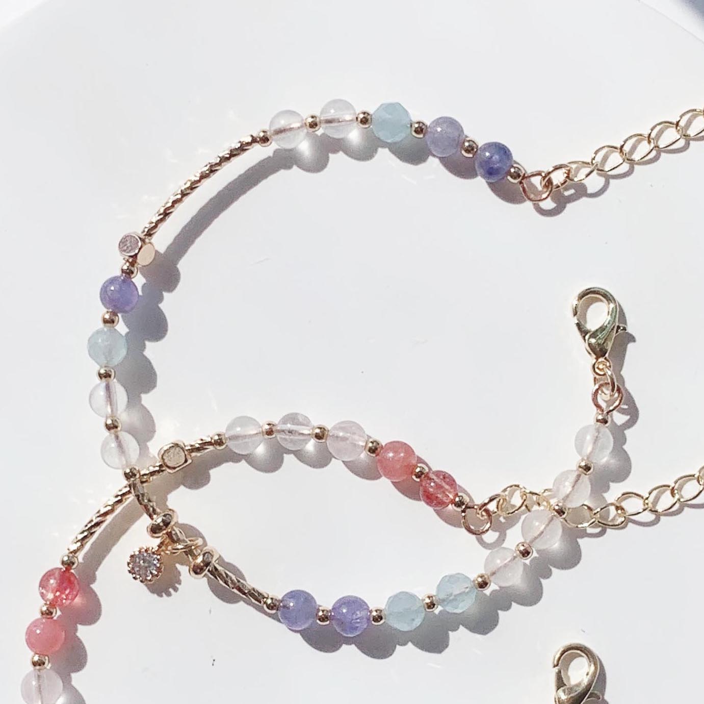 Blonde gold crystal, sun pink crystal, aquamarine, moonstone, rhodolite, strawberry crystal, tanzanite gradient color series, 14k gold-filled bracelet