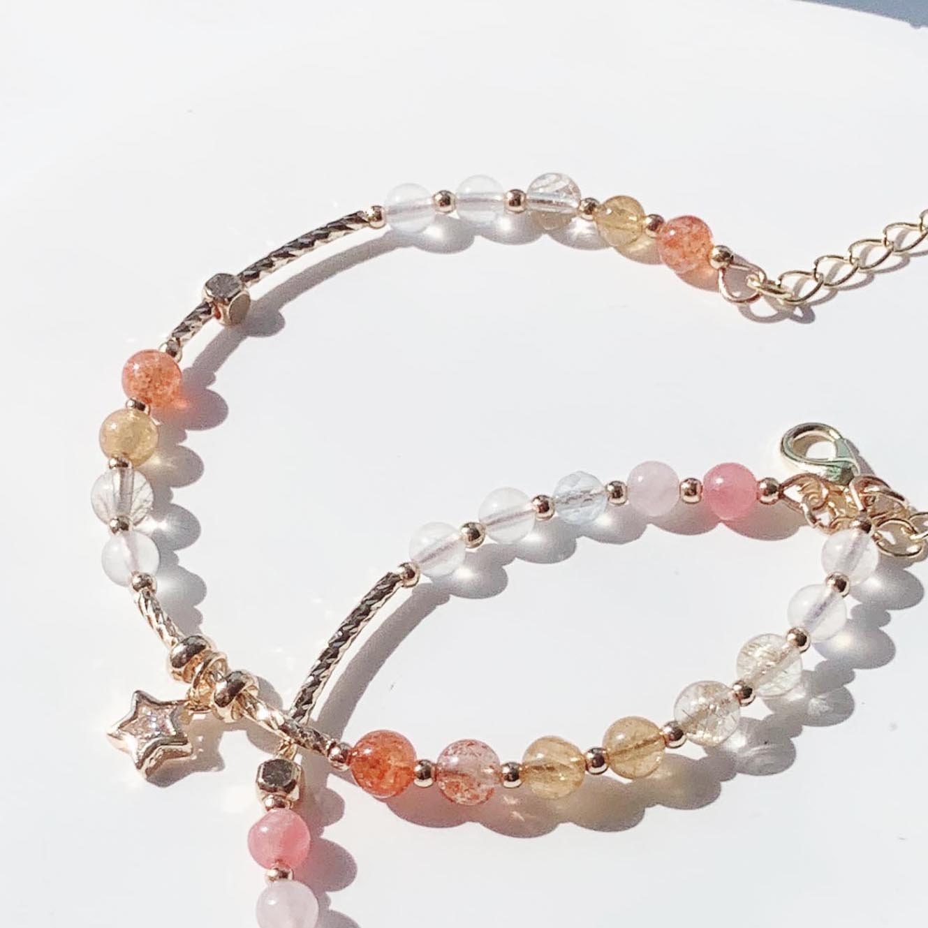 Blonde gold crystal, sun pink crystal, aquamarine, moonstone, rhodolite, strawberry crystal, tanzanite gradient color series, 14k gold-filled bracelet