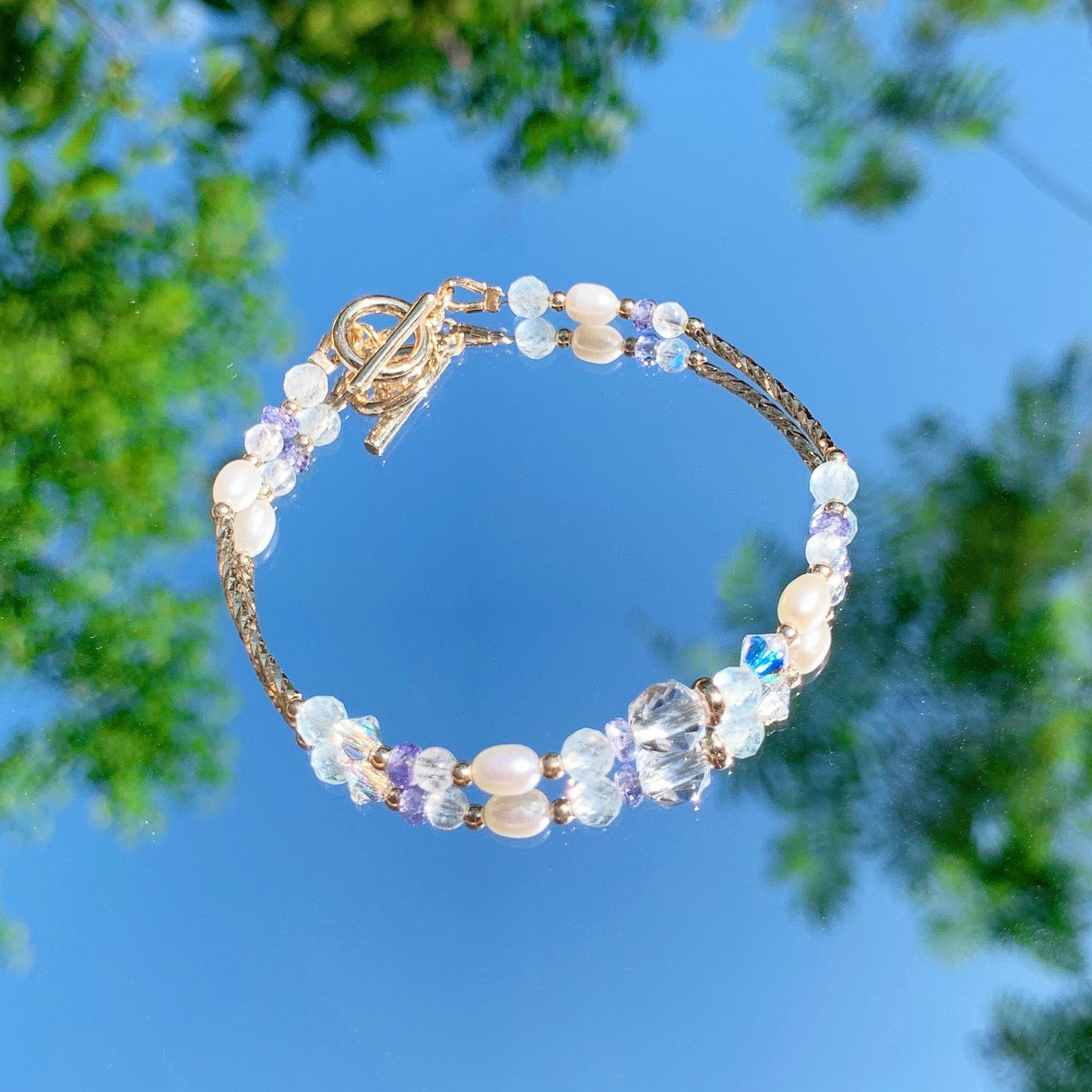 Diamond cut white crystal faceted aquamarine tanzanite moonstone natural freshwater pearl bracelet