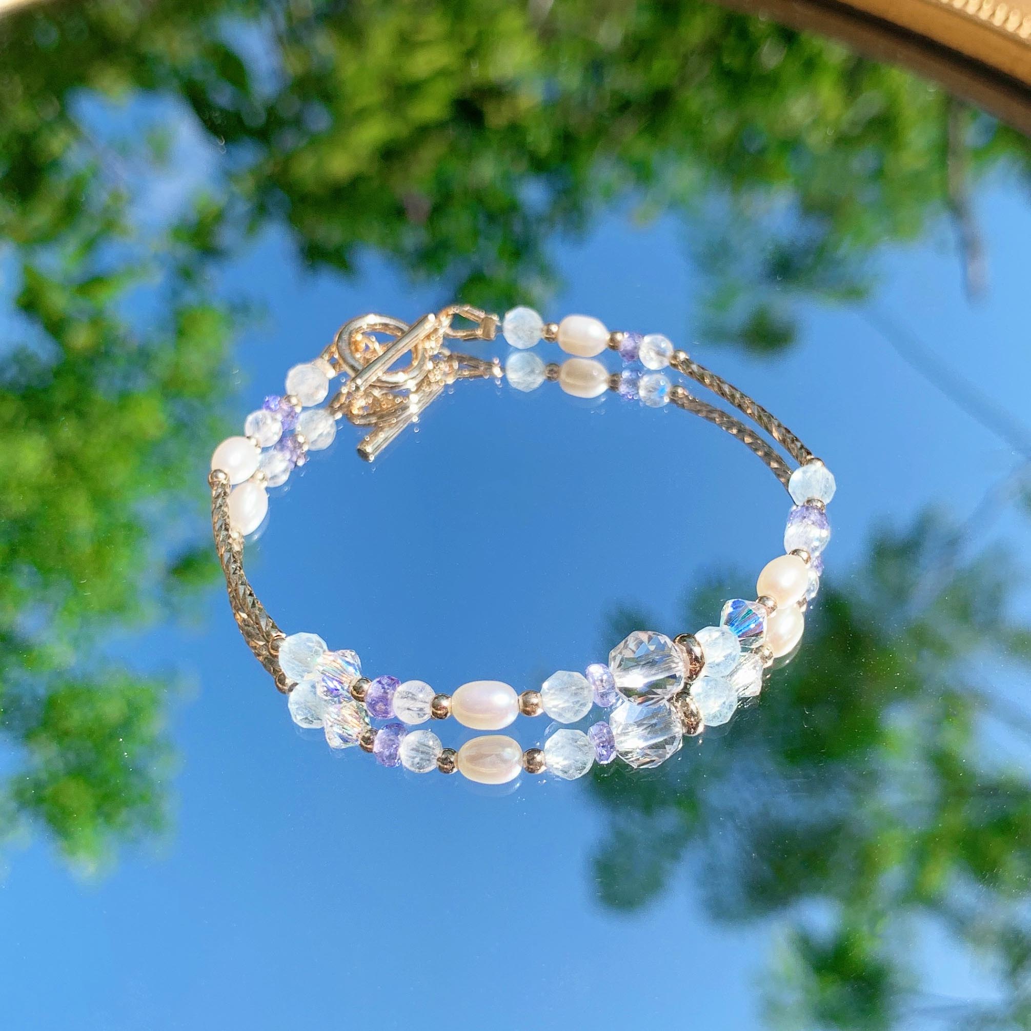 Diamond cut white crystal faceted aquamarine tanzanite moonstone natural freshwater pearl bracelet