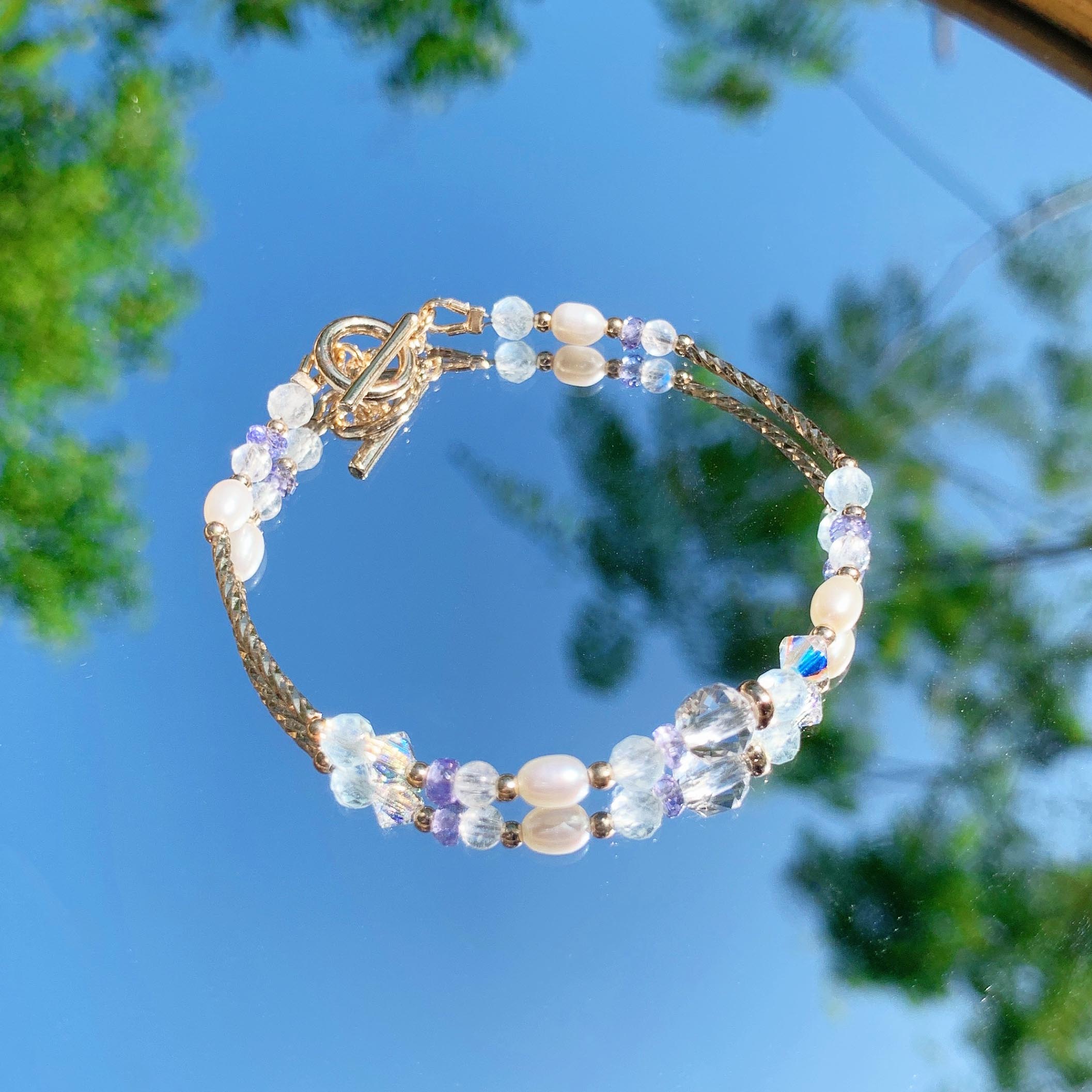 Diamond cut white crystal faceted aquamarine tanzanite moonstone natural freshwater pearl bracelet