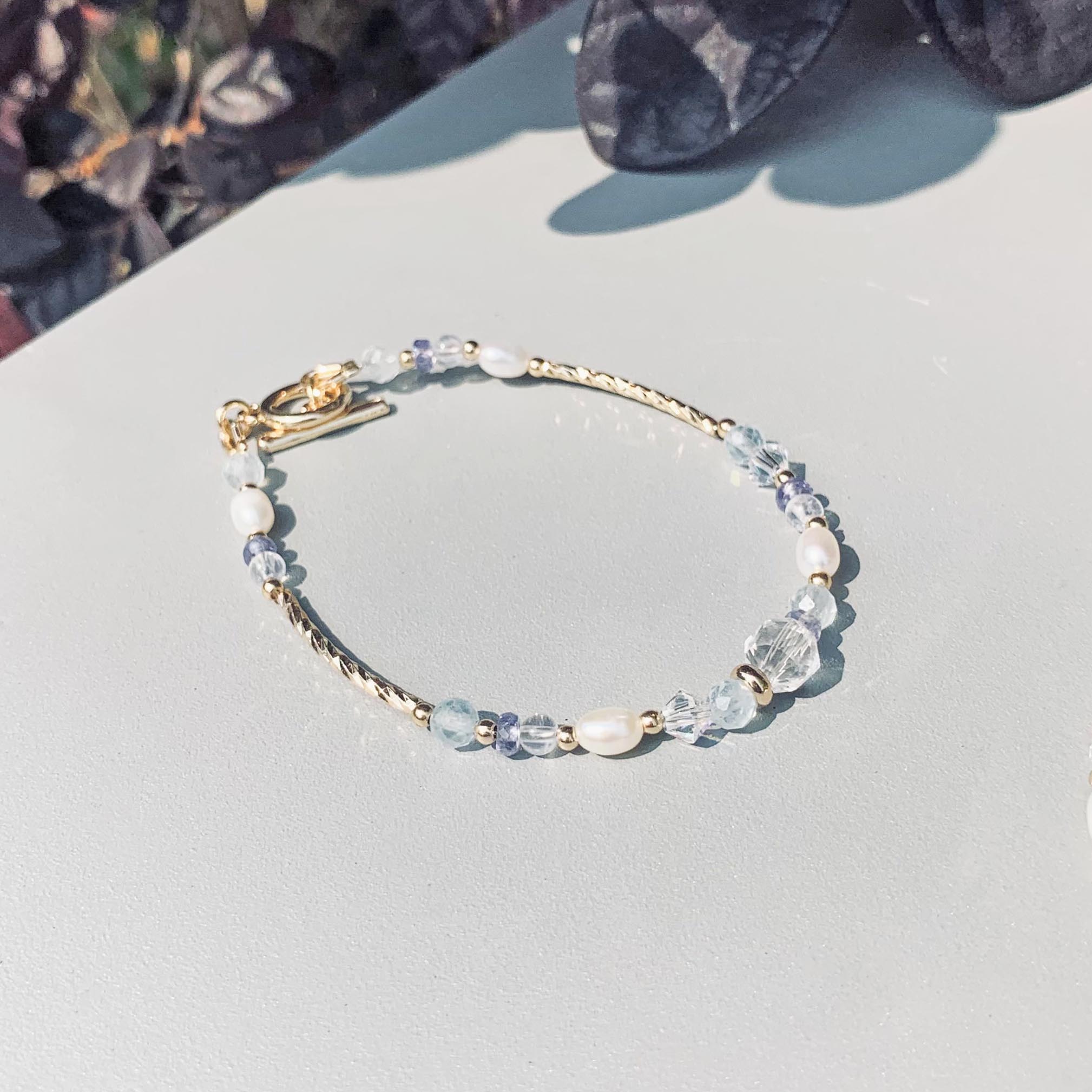 Diamond cut white crystal faceted aquamarine tanzanite moonstone natural freshwater pearl bracelet