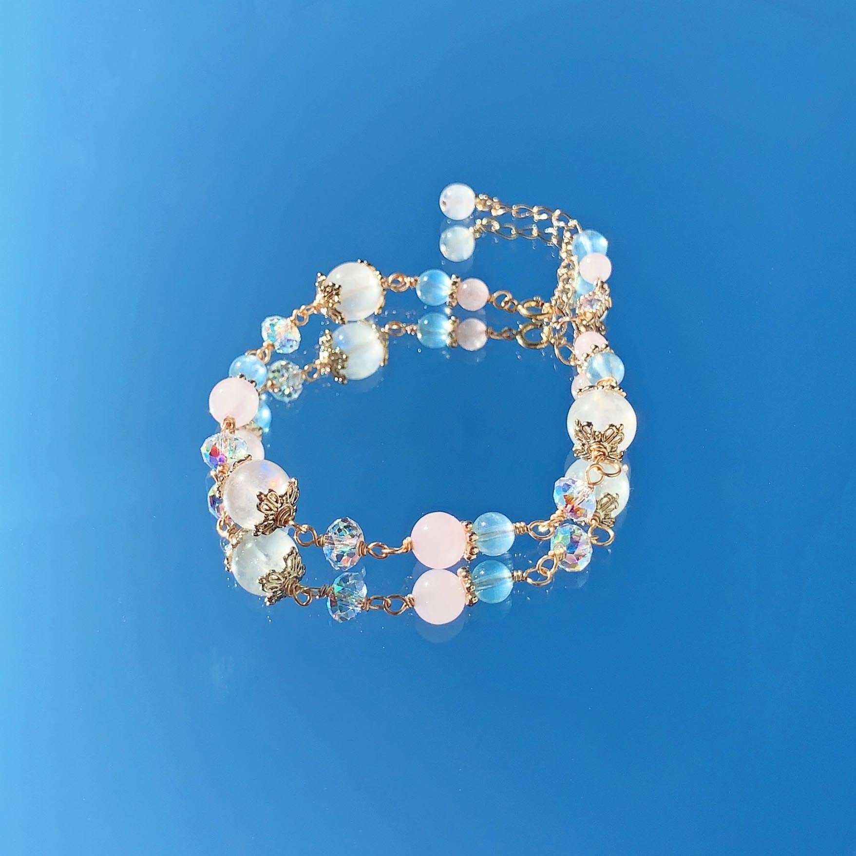 Moonstone Aquamarine Pink Crystal 14k Gold Filled Bracelet