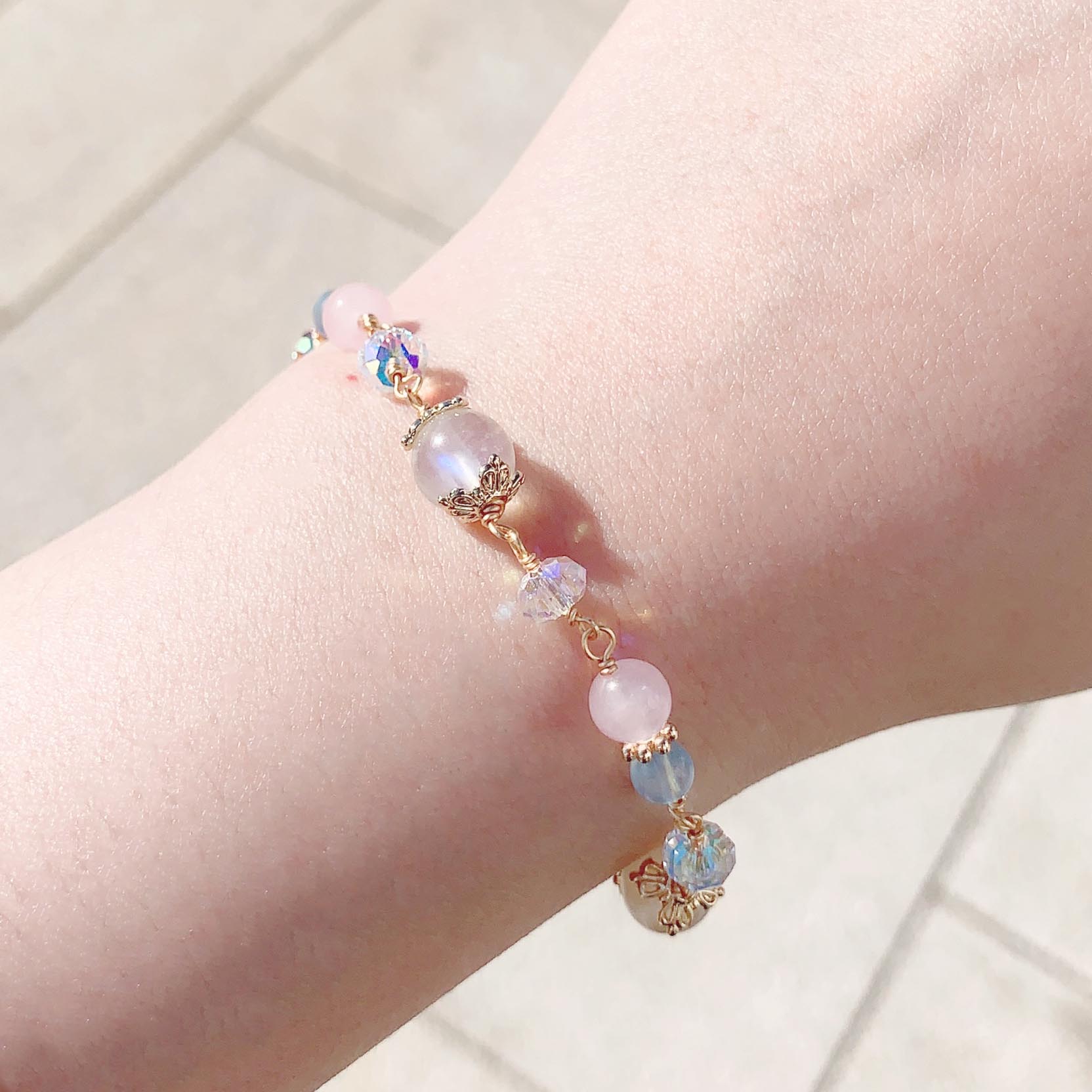 Moonstone Aquamarine Pink Crystal 14k Gold Filled Bracelet