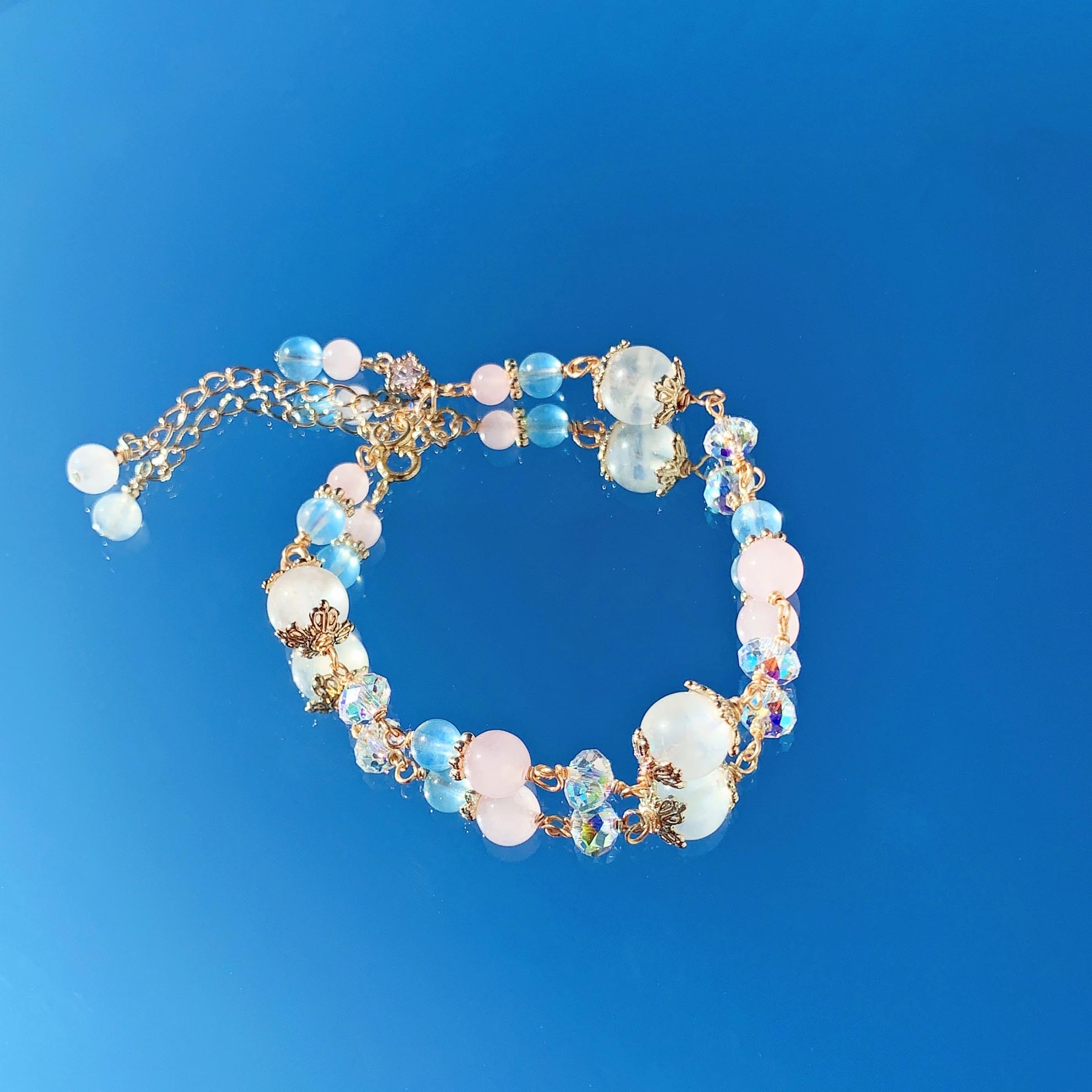 Moonstone Aquamarine Pink Crystal 14k Gold Filled Bracelet