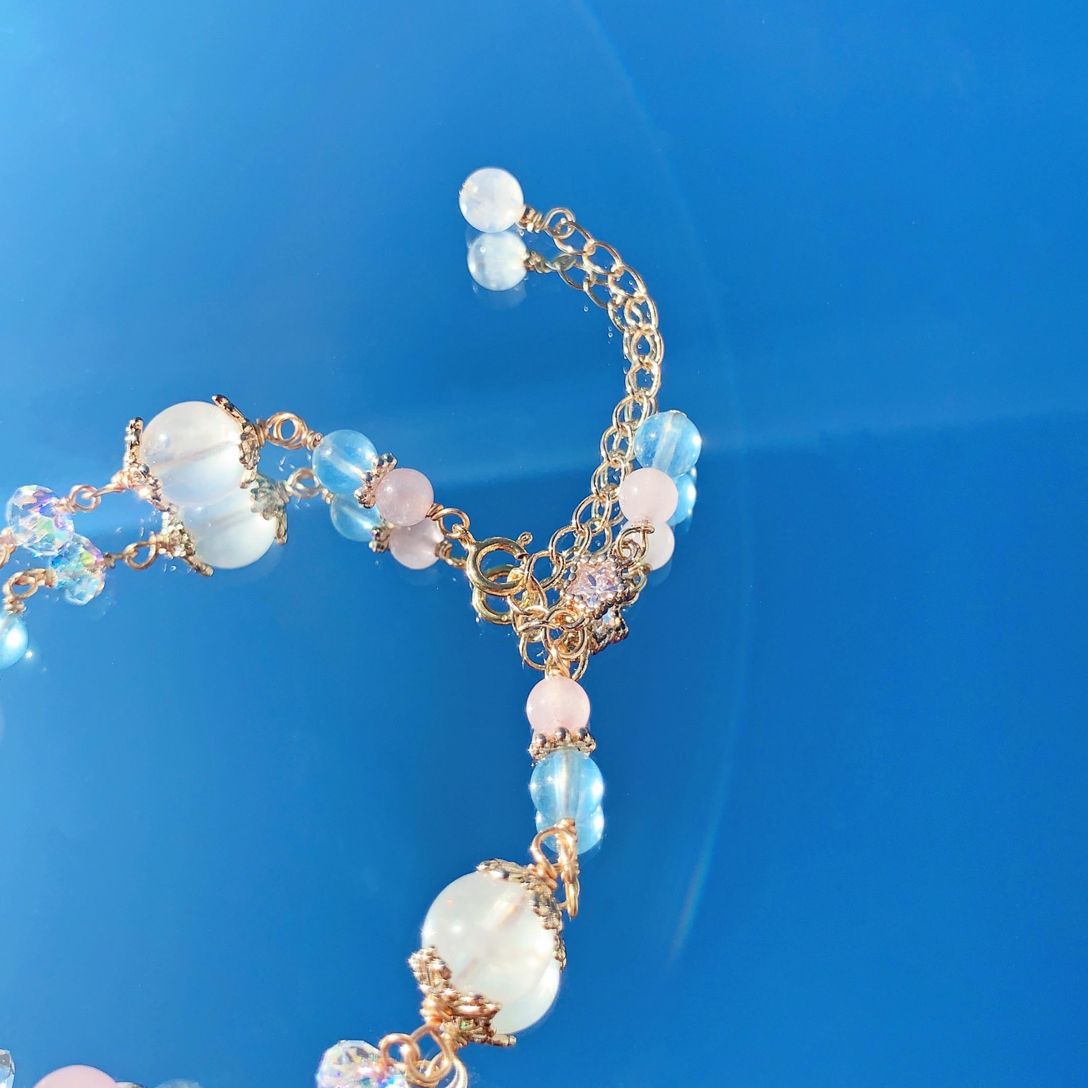 Moonstone Aquamarine Pink Crystal 14k Gold Filled Bracelet