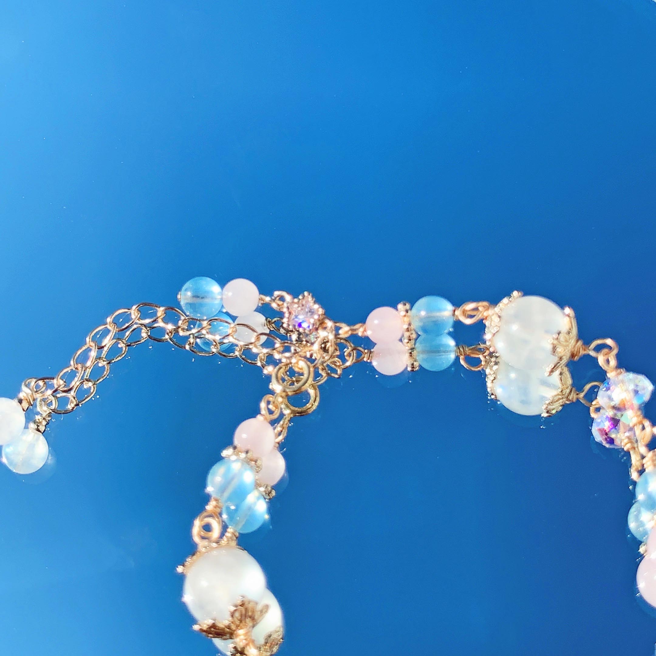 Moonstone Aquamarine Pink Crystal 14k Gold Filled Bracelet