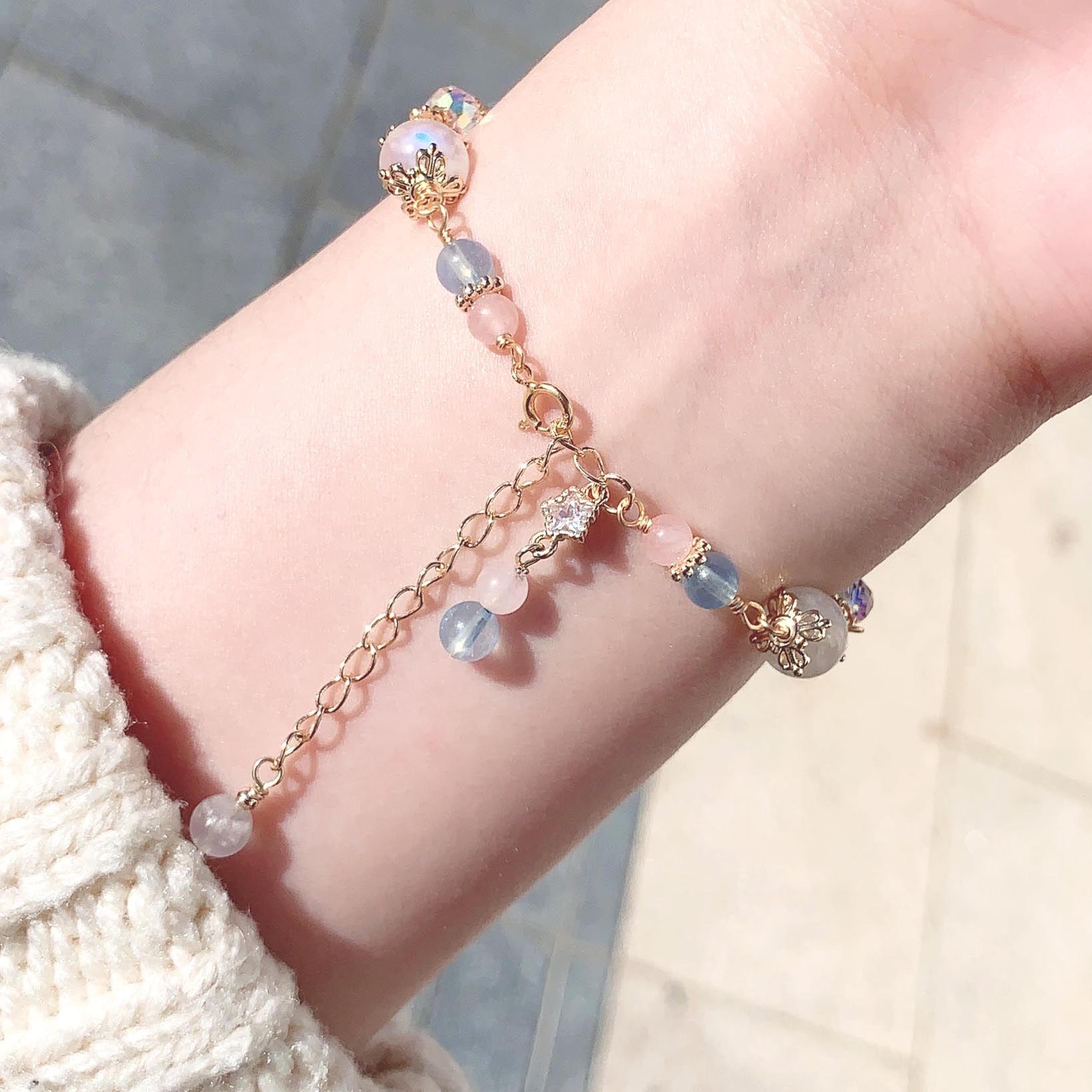 Moonstone Aquamarine Pink Crystal 14k Gold Filled Bracelet