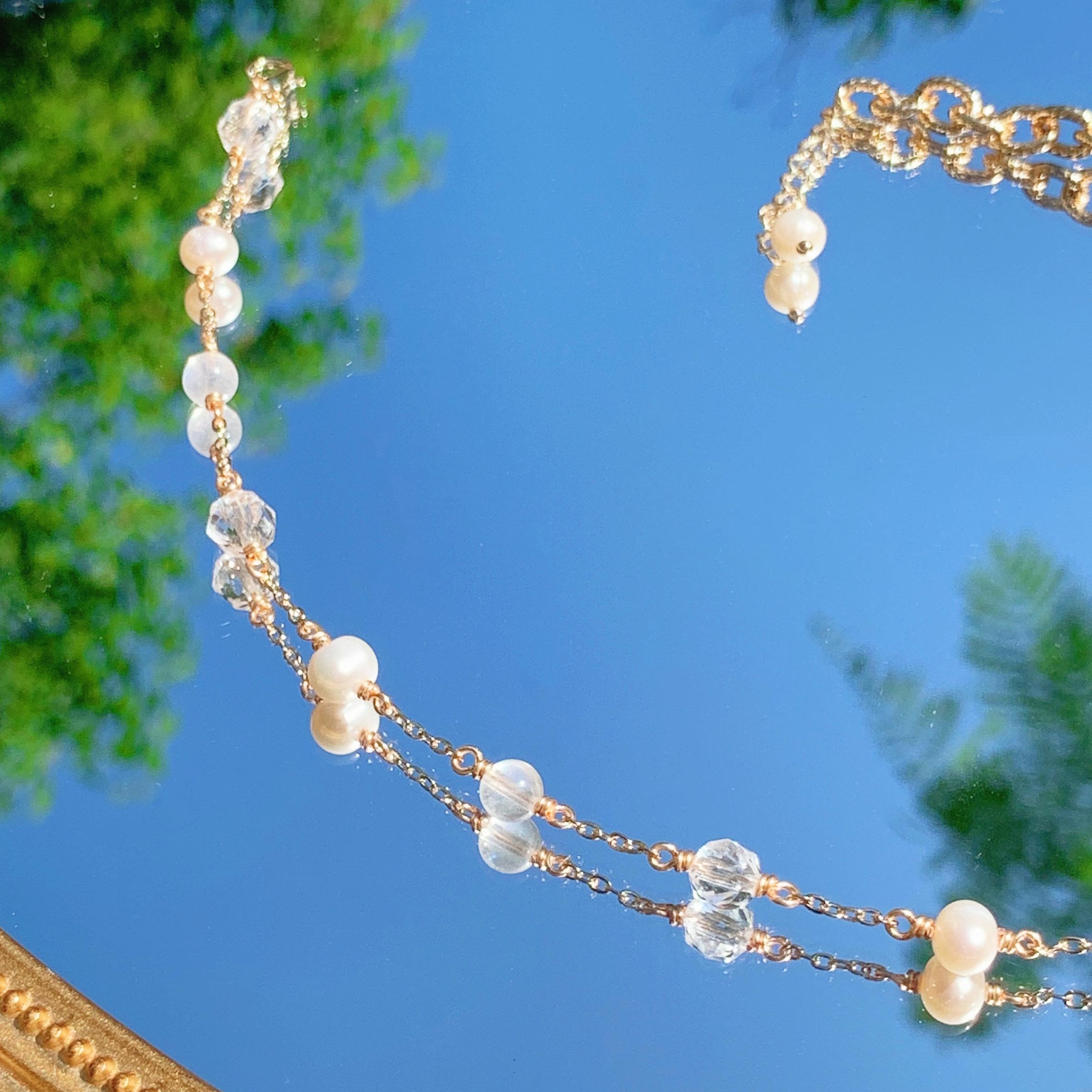 Moonstone Diamond Cut White Crystal Freshwater Pearl 14k Gold Filled Double Layer Bracelet