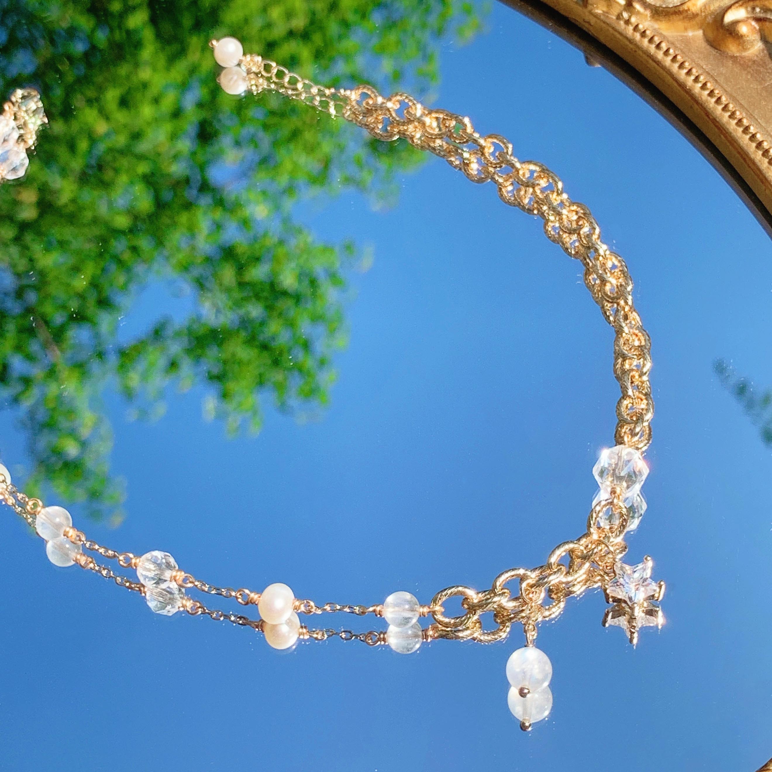 Moonstone Diamond Cut White Crystal Freshwater Pearl 14k Gold Filled Double Layer Bracelet