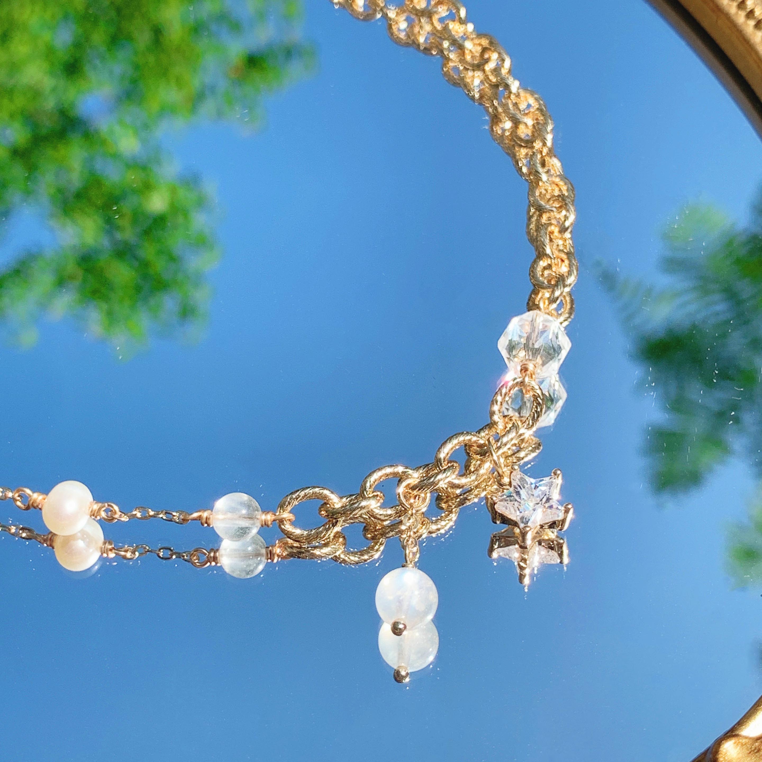 Moonstone Diamond Cut White Crystal Freshwater Pearl 14k Gold Filled Double Layer Bracelet