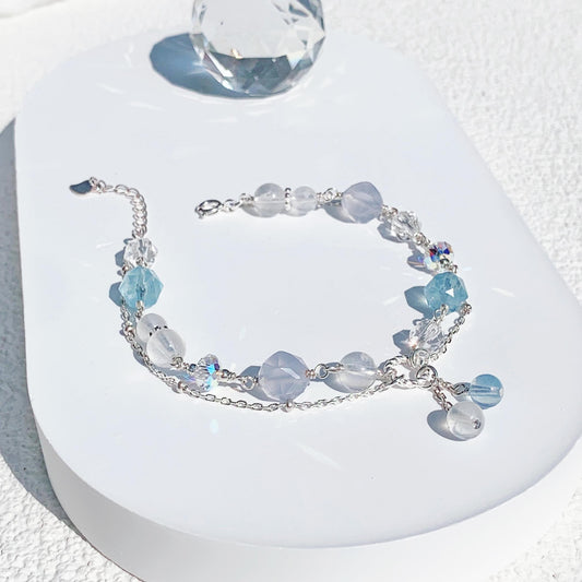 Diamond Cut Aquamarine Chalcedony White Crystal Moonstone S925 Sterling Silver Bracelet